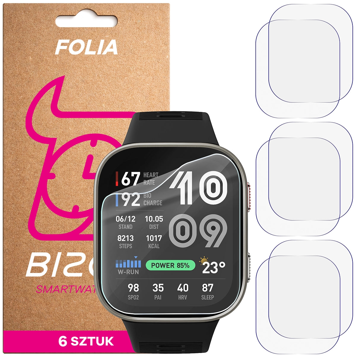 Schutzfolie für den Bildschirm für Amazfit Bip Max, Bizon Watch HydroFlex, 6 Stück
