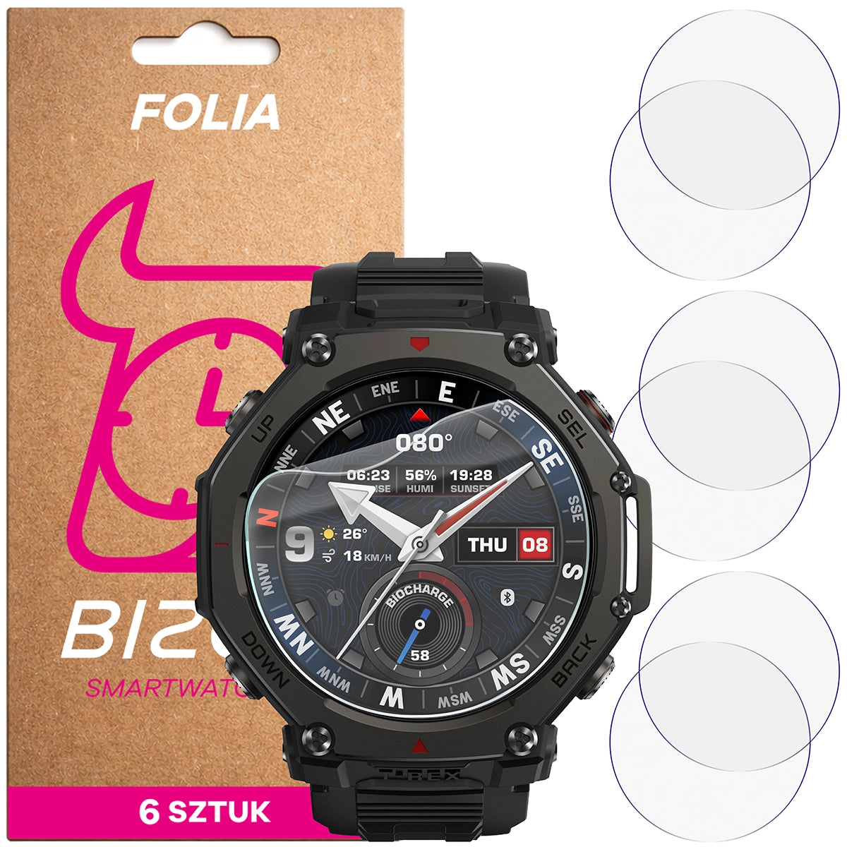 Schutzfolie für den Bildschirm für Amazfit T-Rex 3 Pro 48 mm, Bizon Watch HydroFlex, 6 Stück