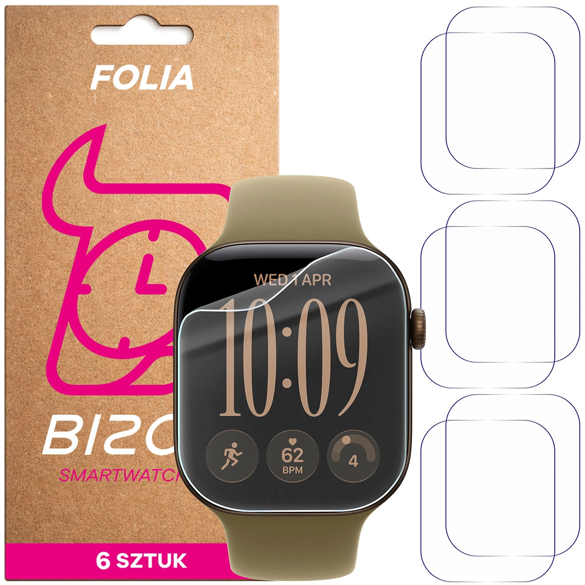 Schutzfolie für den Bildschirm für Apple Watch Series 12 42mm, Bizon Watch HydroFlex, 6 Stück (1/5)