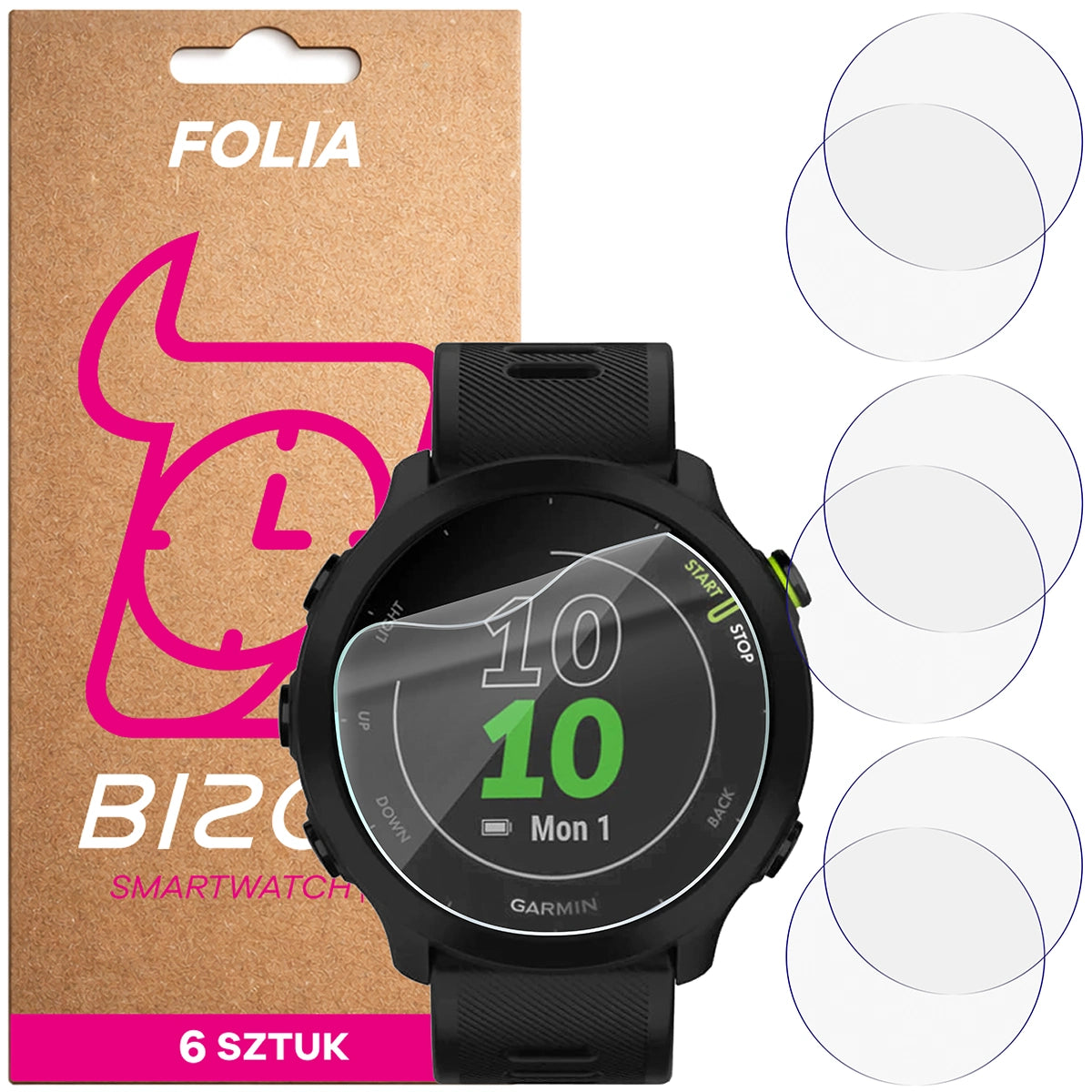 Schutzfolie für den Bildschirm für Garmin Forerunner 55, Bizon Watch HydroFlex, 6 Stück