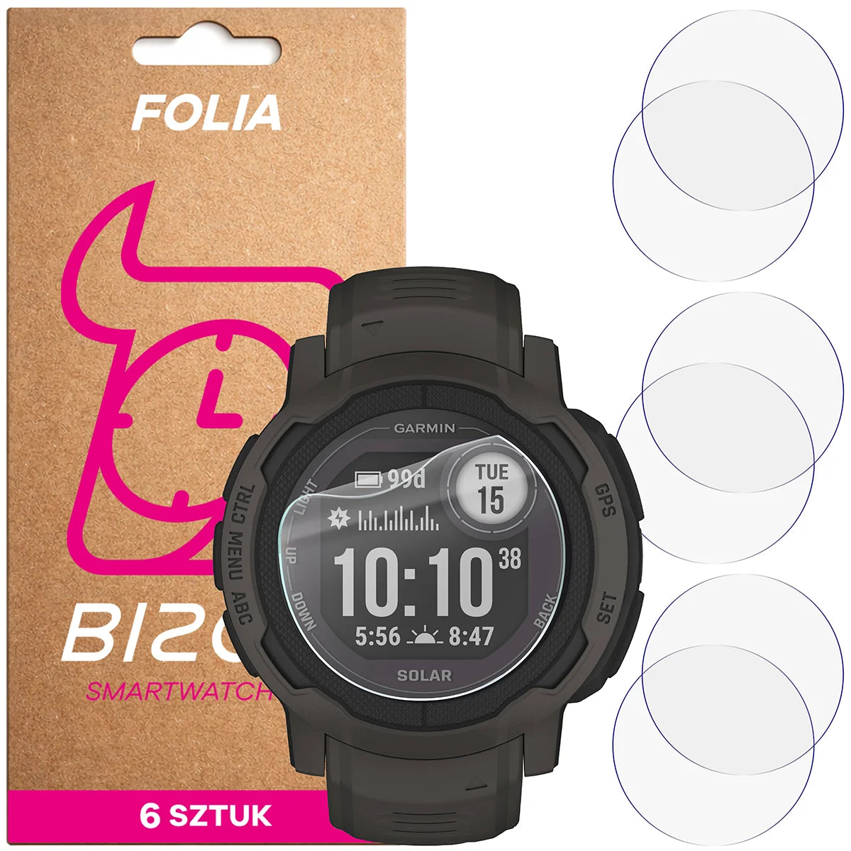 Schutzfolie für den Bildschirm für Garmin Instinct 2 Solar, Bizon Watch HydroFlex, 6 Stück