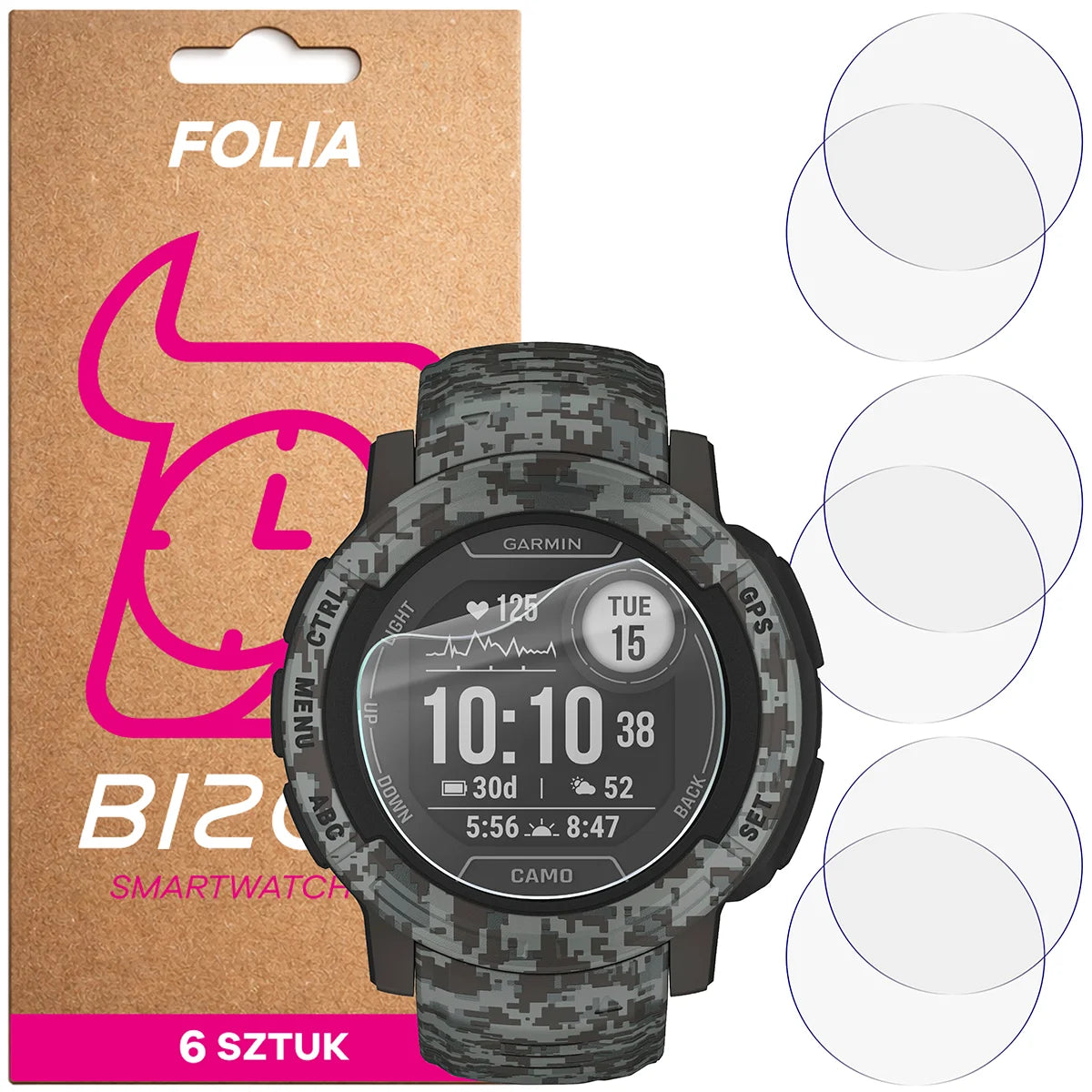 Schutzfolie für den Bildschirm für Garmin Instinct 2X Solar, Bizon Watch HydroFlex, 6 Stück