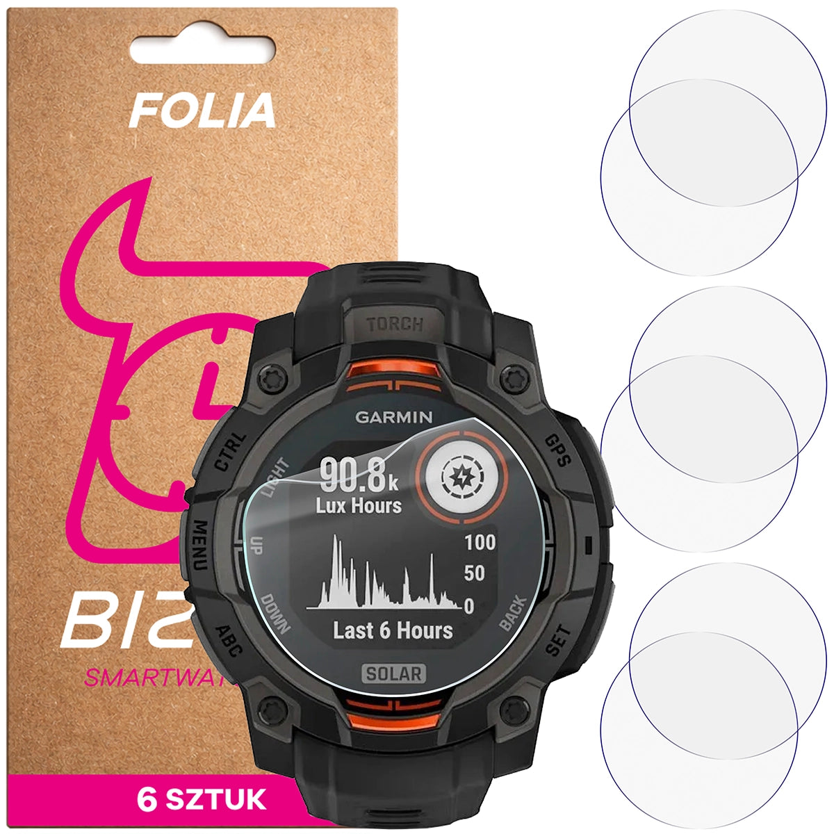 Schutzfolie für den Bildschirm für Garmin Instinct 3 45 mm Solar, Bizon Watch HydroFlex, 6 Stück