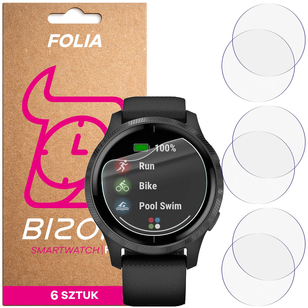 Schutzfolie für den Bildschirm für Garmin Venu, Bizon Watch HydroFlex, 6 Stück