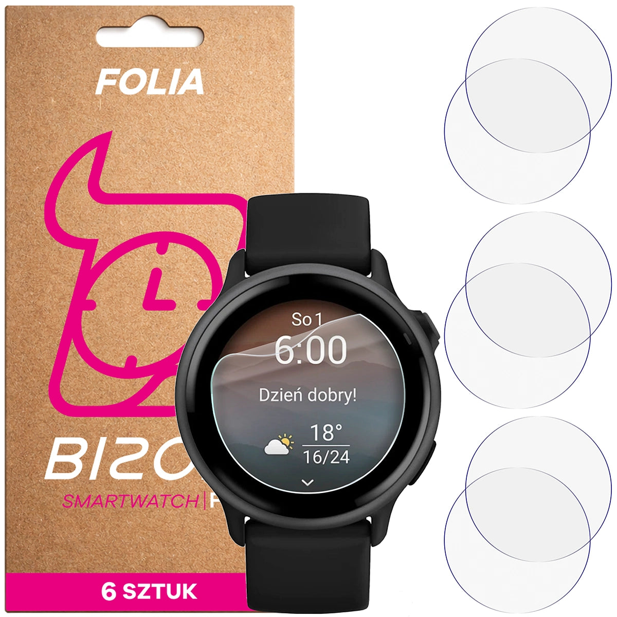 Schutzfolie für den Bildschirm für Garmin Vivoactive 6, Bizon Watch HydroFlex, 6 Stück