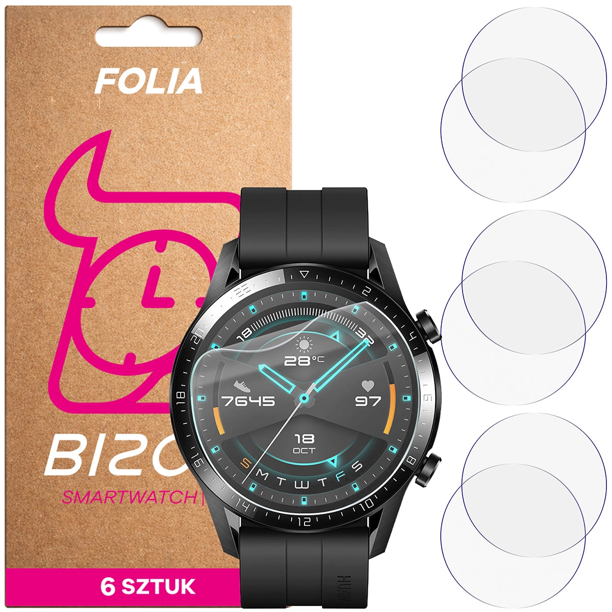 Schutzfolie für den Bildschirm für Huawei Watch GT 2 46 mm, Bizon Watch HydroFlex, 6 Stück