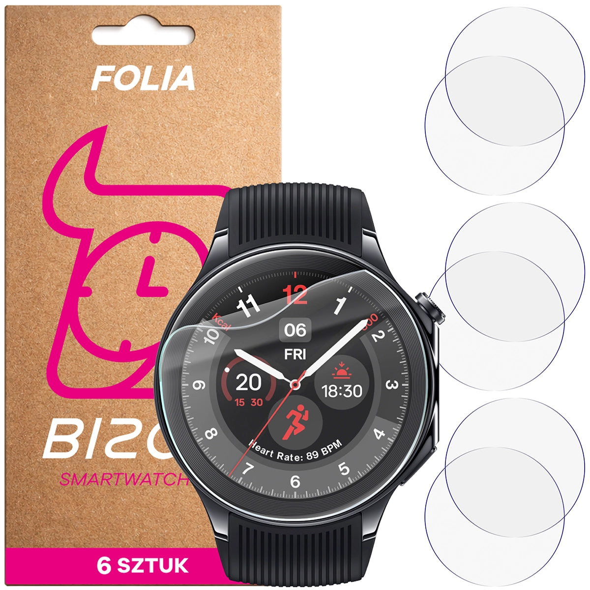 Schutzfolie für den Bildschirm für OnePlus Watch 2, Bizon Watch HydroFlex, 6 Stück