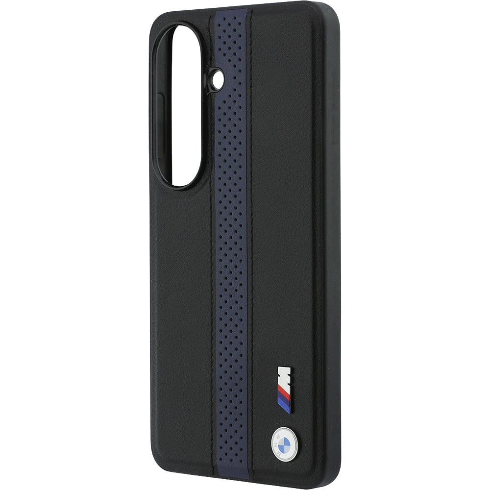 Handyhülle für Galaxy S26, BMW Hardcase Leather mit MagSafe, Schwarz mit dunkelblauem Streifen