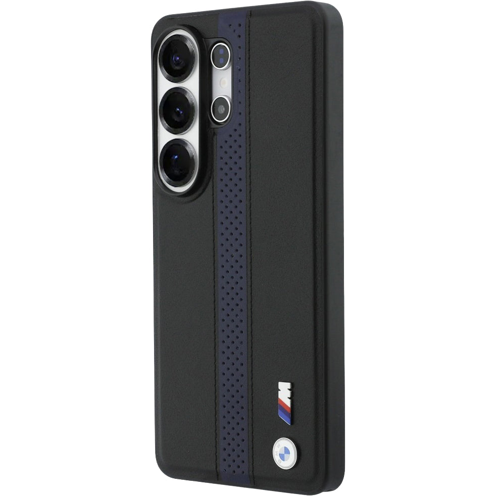 Handyhülle für Galaxy S26, BMW Hardcase Leather mit MagSafe, Schwarz mit dunkelblauem Streifen