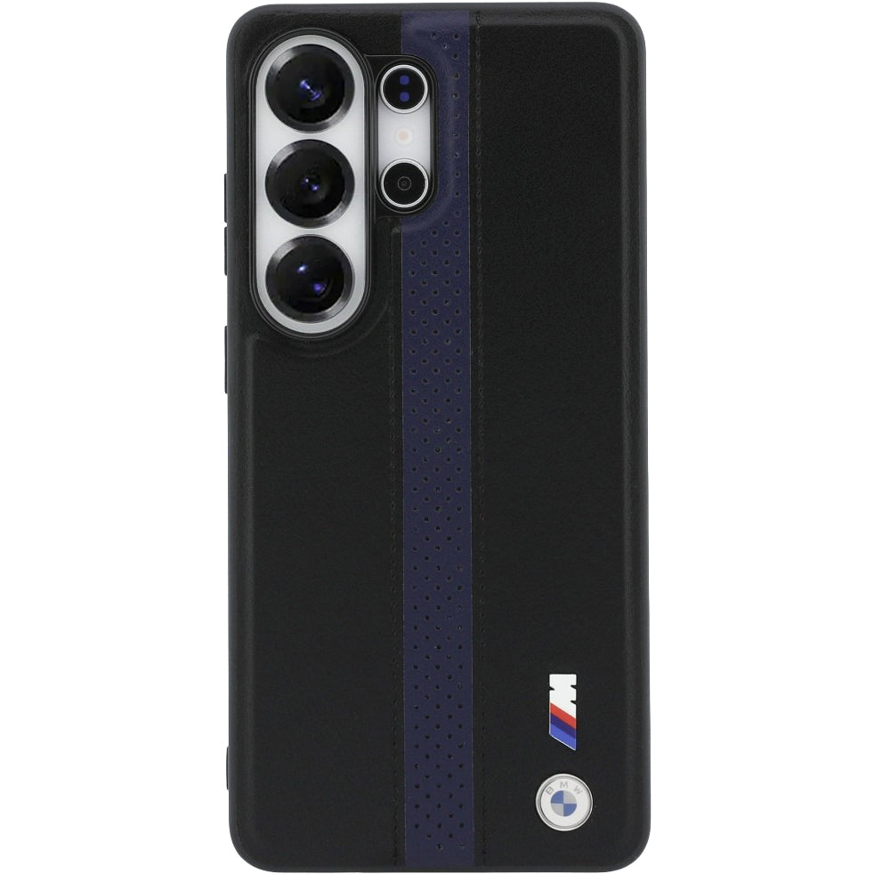 Handyhülle für Galaxy S26, BMW Hardcase Leather mit MagSafe, Schwarz mit dunkelblauem Streifen