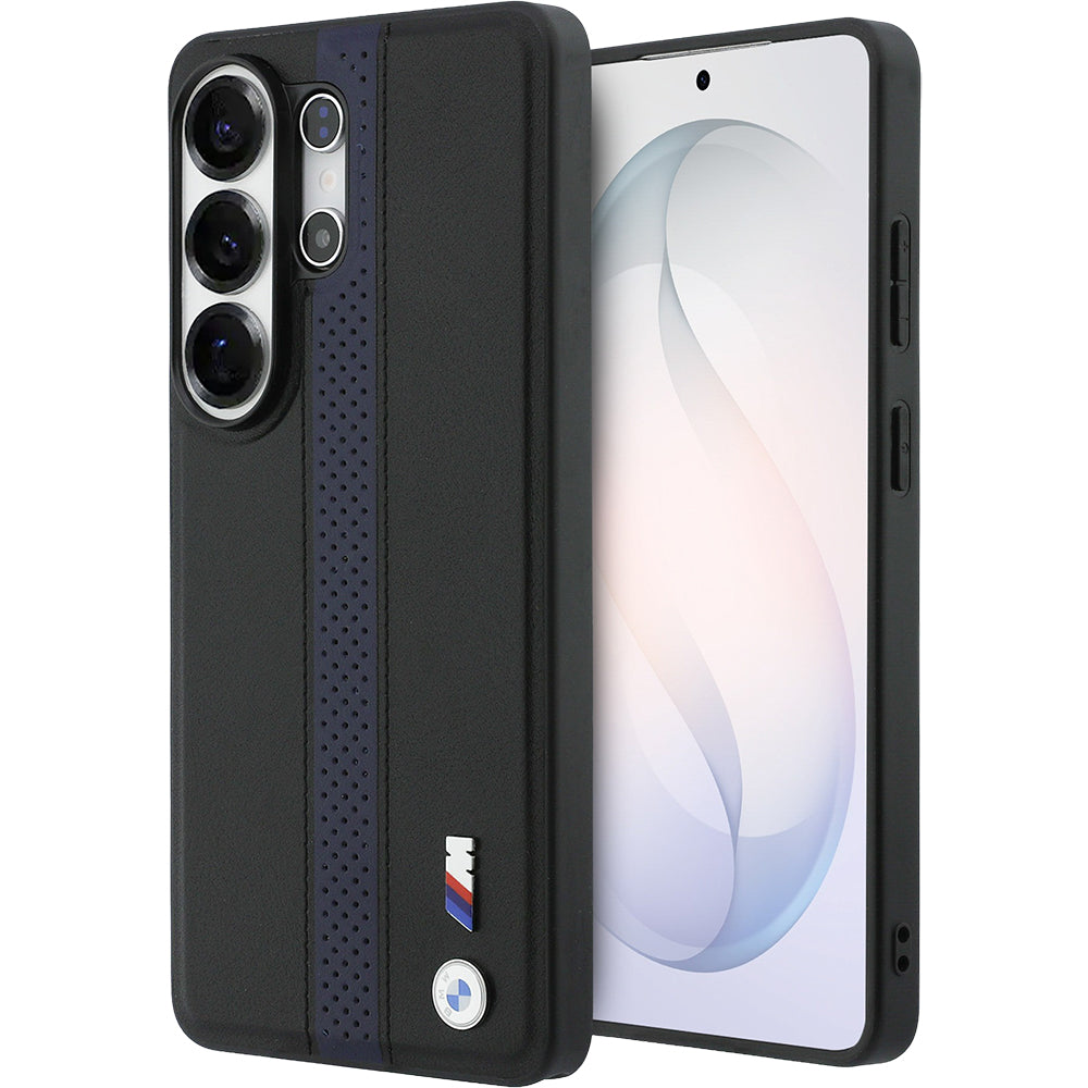 Handyhülle für Galaxy S26 Ultra, BMW Hardcase Leather mit MagSafe, Schwarz mit dunkelblauem Streifen