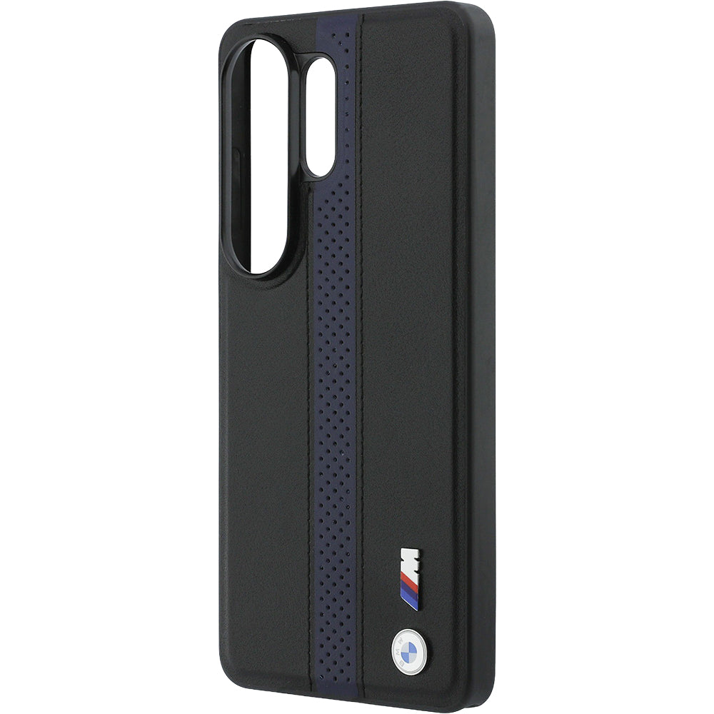Handyhülle für Galaxy S26 Ultra, BMW Hardcase Leather mit MagSafe, Schwarz mit dunkelblauem Streifen