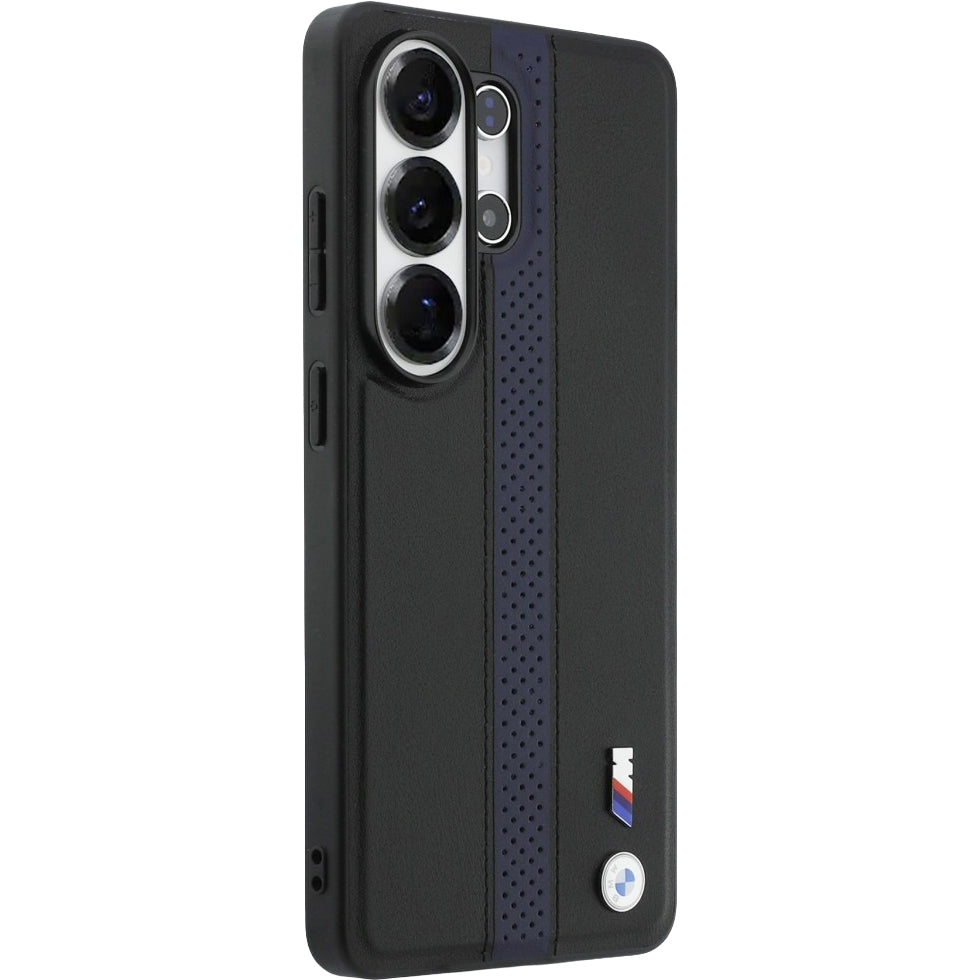 Handyhülle für Galaxy S26 Ultra, BMW Hardcase Leather mit MagSafe, Schwarz mit dunkelblauem Streifen