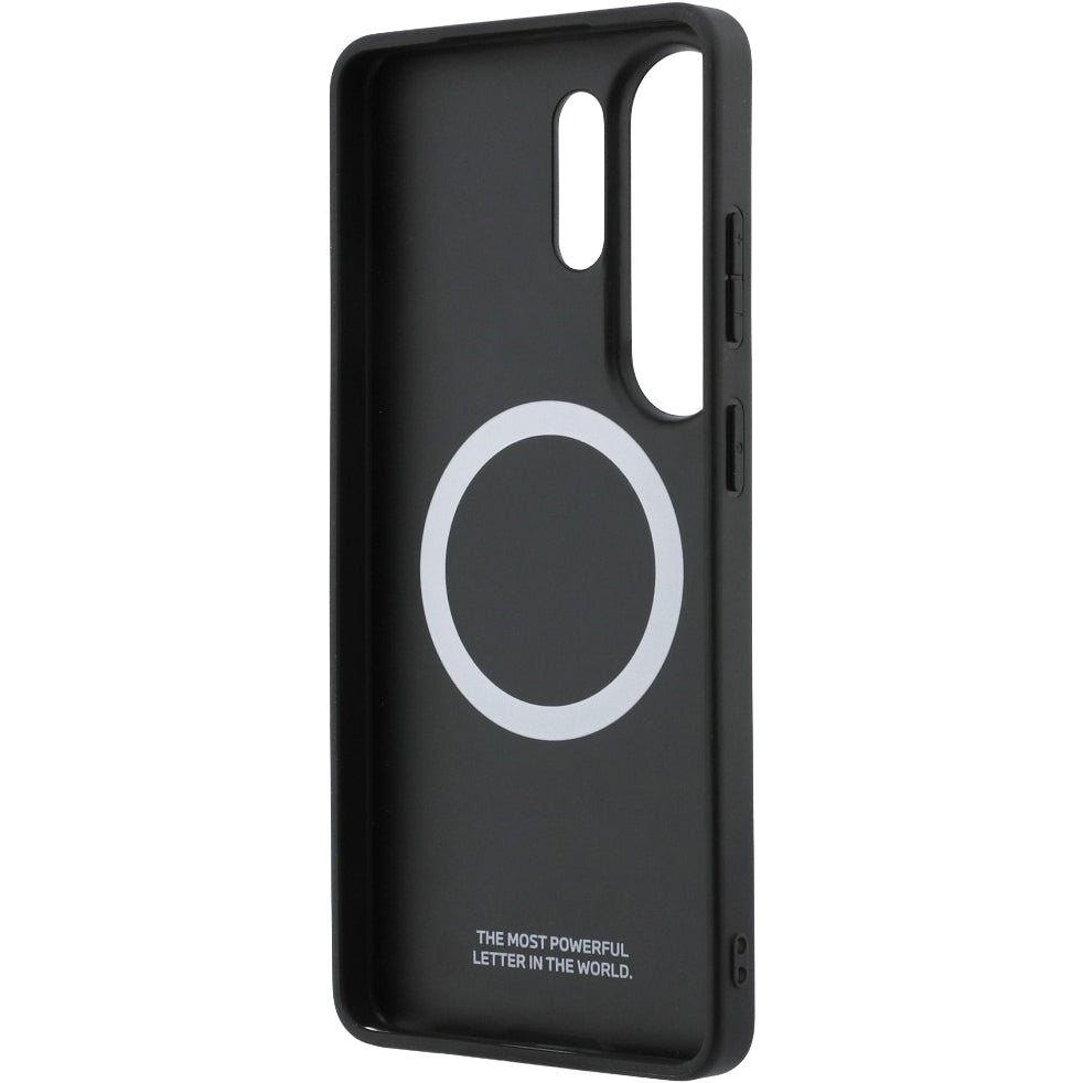 Handyhülle für Galaxy S26 Ultra, BMW Hardcase Leather mit MagSafe, Schwarz mit dunkelblauem Streifen