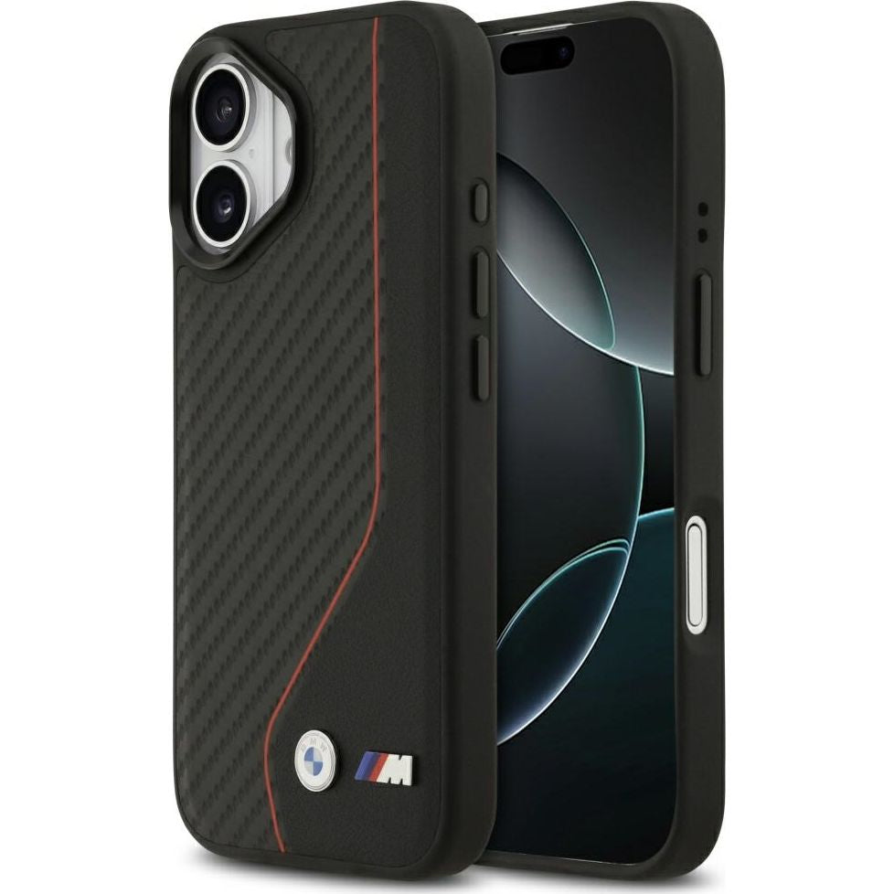 Handyhülle für iPhone 17, BMW M Carbon Line & Logo mit MagSafe, Schwarz mit roter Linie