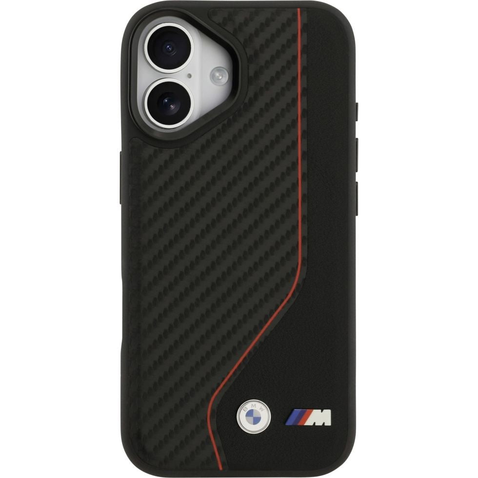 Handyhülle für iPhone 17, BMW M Carbon Line & Logo mit MagSafe, Schwarz mit roter Linie