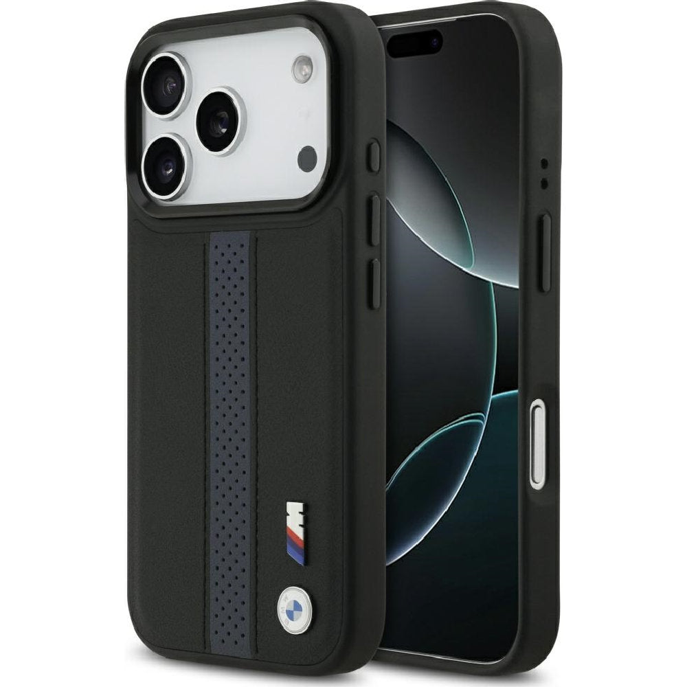 Handyhülle für iPhone 18 Pro / 17 Pro, BMW Hardcase Perforated Stripe Logo mit MagSafe, Schwarz und Blau