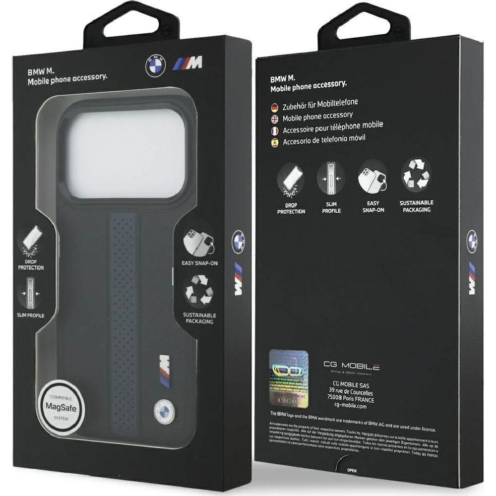 Handyhülle für iPhone 18 Pro / 17 Pro, BMW Hardcase Perforated Stripe Logo mit MagSafe, Schwarz und Blau