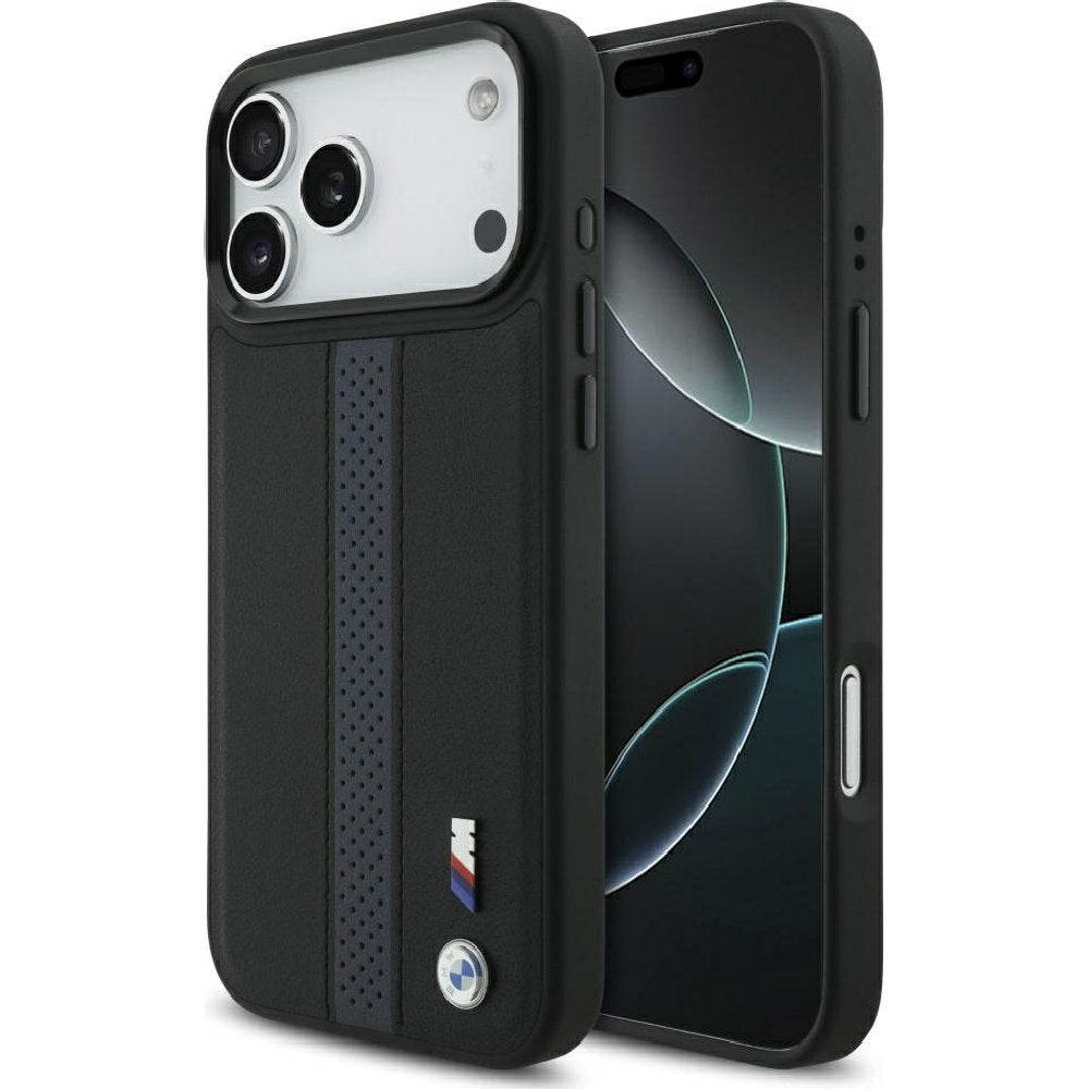 Handyhülle für iPhone 17 Pro Max, BMW Hardcase Perforated Stripe Logo mit MagSafe, Schwarz und Blau