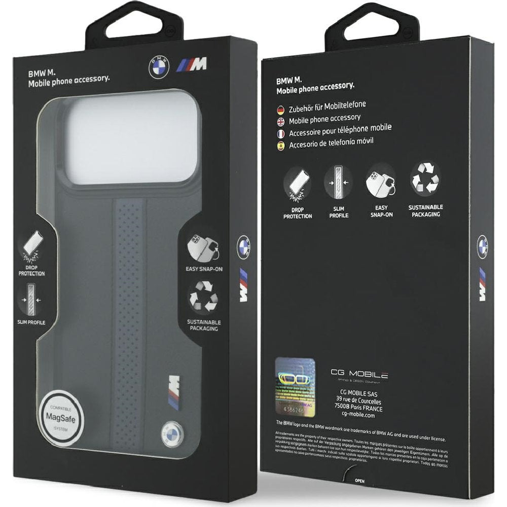 Handyhülle für iPhone 17 Pro Max, BMW Hardcase Perforated Stripe Logo mit MagSafe, Schwarz und Blau