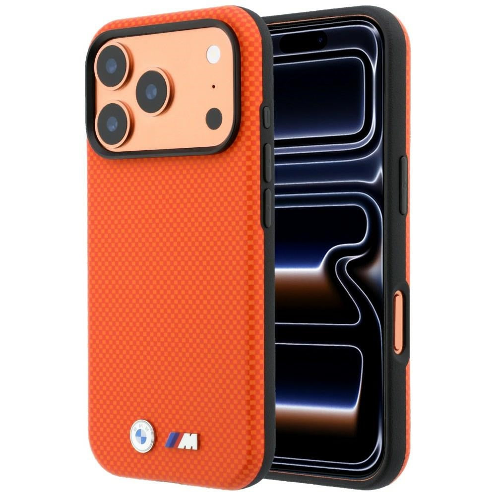 Handyhülle für iPhone 18 Pro / 17 Pro, BMW M Quadrille Kevlar Metal Logo mit MagSafe, Orange (1/8)