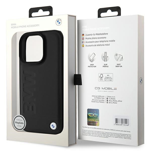 Handyhülle für iPhone 16 Pro mit MagSafe, BMW Leather Hot Stamp, Schwarz