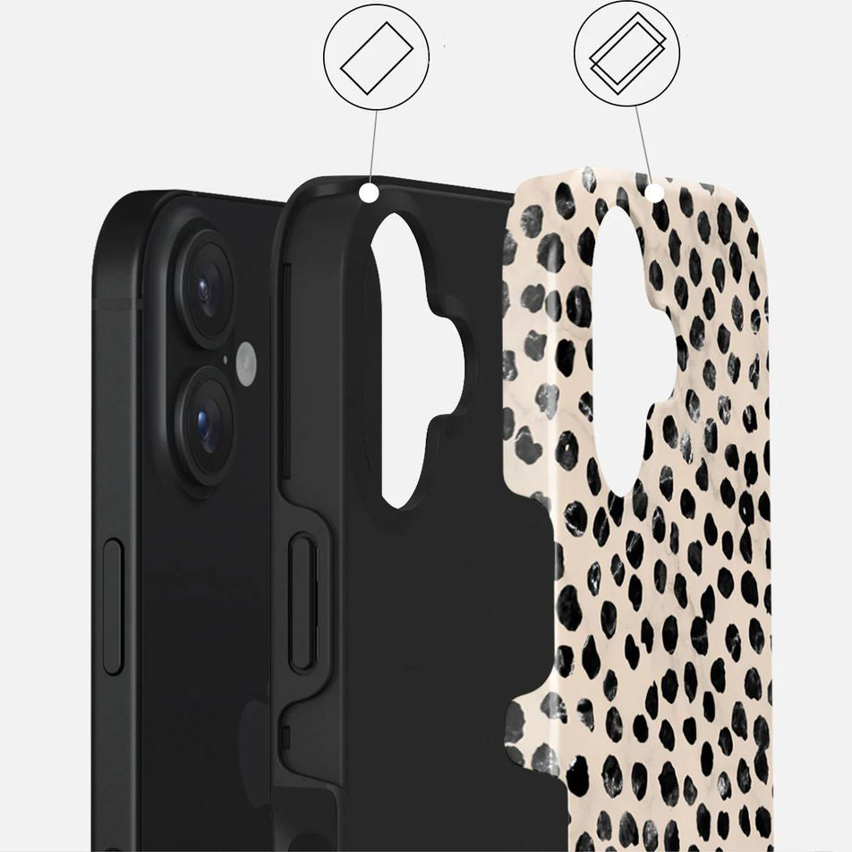Handyhülle für iPhone 16, Burga Almond Latte Tough Magnetic, Beige mit schwarzen Punkten