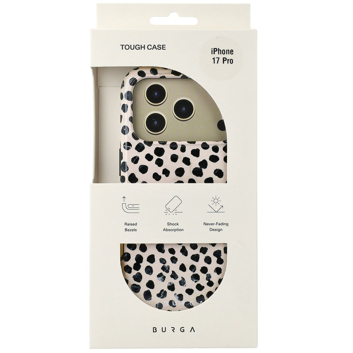 Handyhülle für iPhone 17 Pro, Burga Almond Latte Tough Magnetic, Beige mit schwarzen Punkten