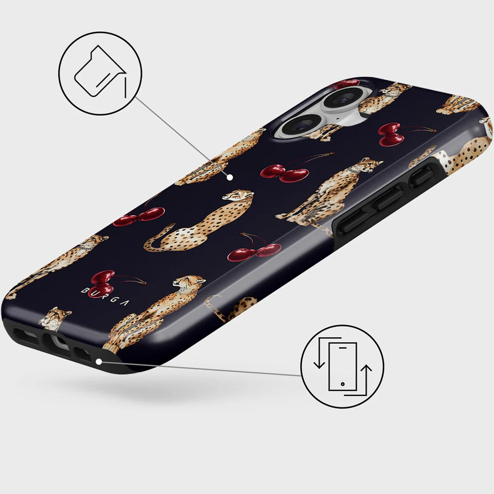 Handyhülle für iPhone 17, Burga Cougar Tough Magnetic, Dunkelblau mit Kirschen und Gepard
