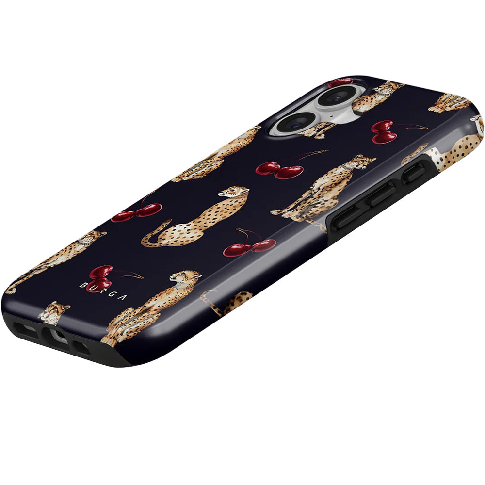 Handyhülle für iPhone 17, Burga Cougar Tough Magnetic, Dunkelblau mit Kirschen und Gepard