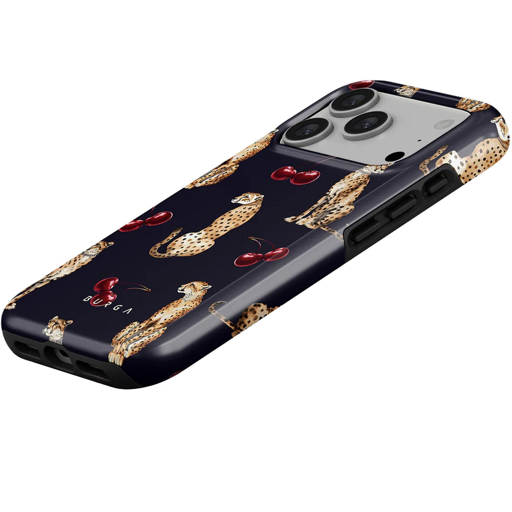 Handyhülle für iPhone 17 Pro, Burga Cougar Tough Magnetic, Dunkelblau mit Kirschen und Gepard