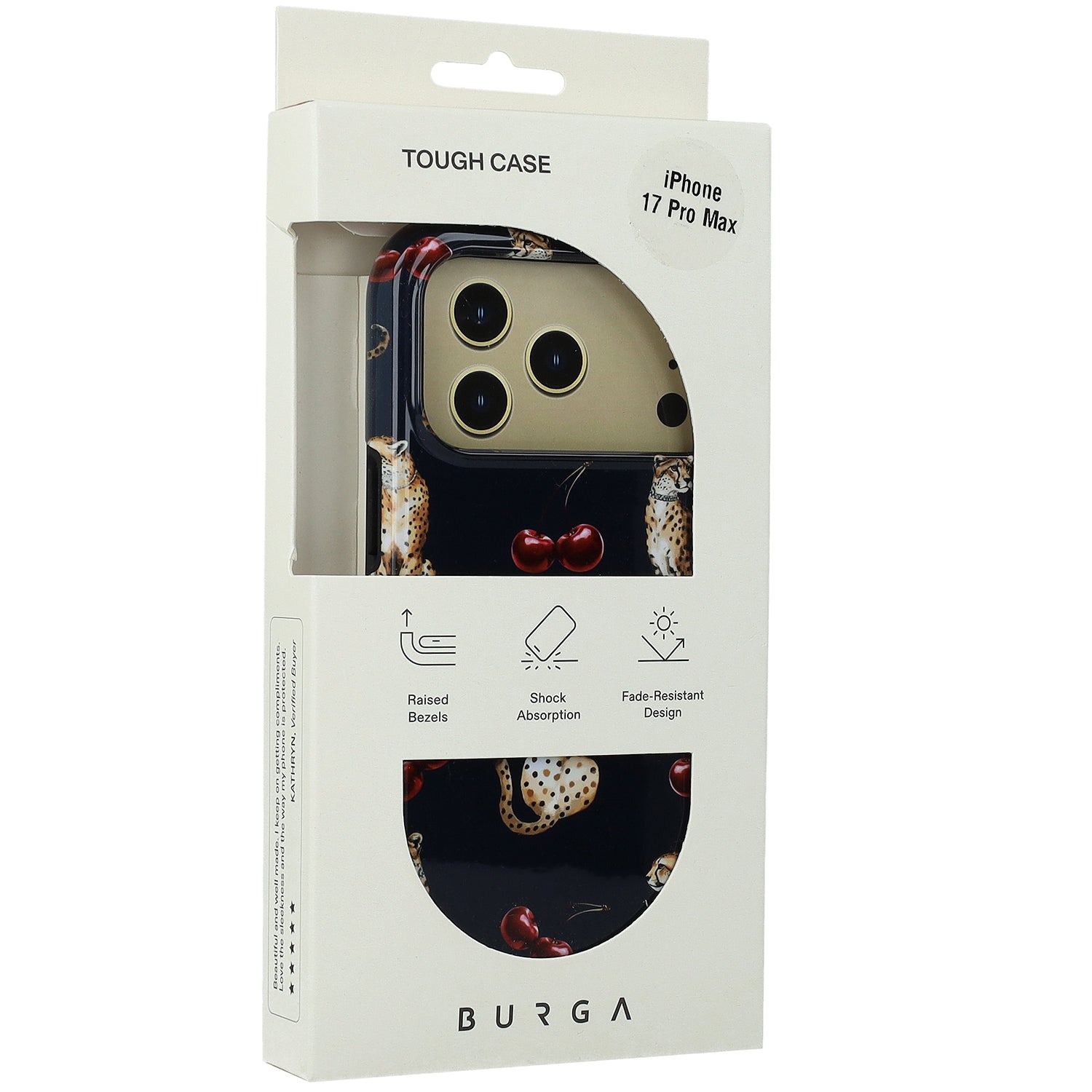 Handyhülle für iPhone 17 Pro Max, Burga Cougar Tough Magnetic, Dunkelblau mit Kirschen und Gepard