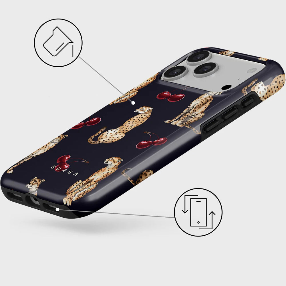 Handyhülle für iPhone 17 Pro Max, Burga Cougar Tough Magnetic, Dunkelblau mit Kirschen und Gepard