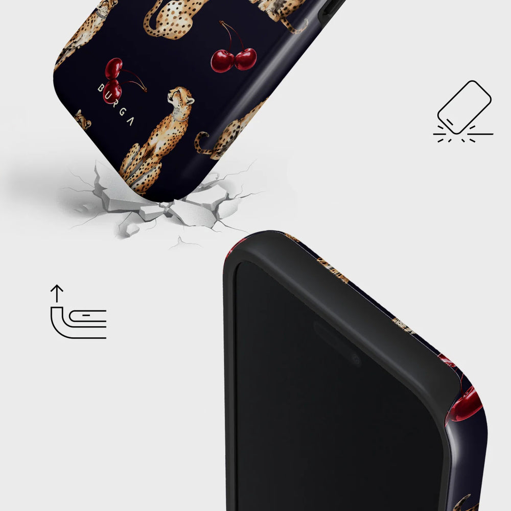 Handyhülle für iPhone 17 Pro Max, Burga Cougar Tough Magnetic, Dunkelblau mit Kirschen und Gepard