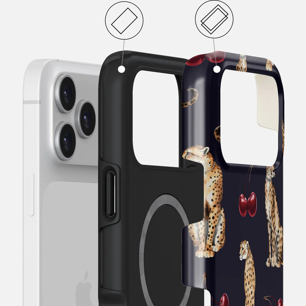 Handyhülle für iPhone 17 Pro Max, Burga Cougar Tough Magnetic, Dunkelblau mit Kirschen und Gepard