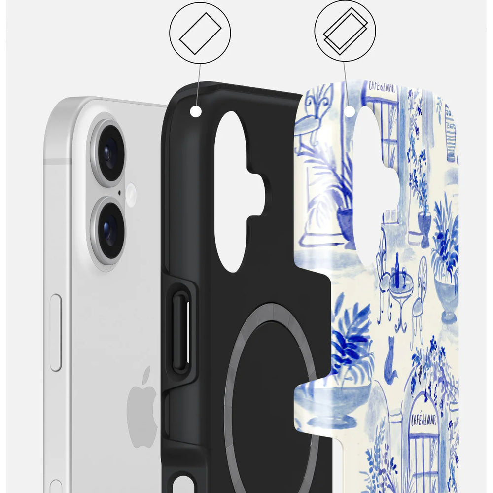 Handyhülle für iPhone 17, Burga Sobremesa Tough Magnetic, Weiß mit blauem Muster