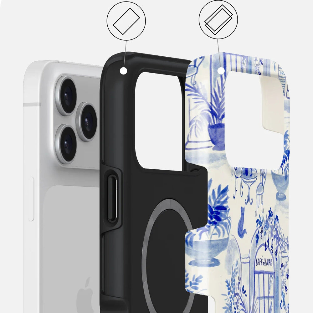 Handyhülle für iPhone 17 Pro Max, Burga Sobremesa Tough Magnetic, Weiß mit blauem Muster