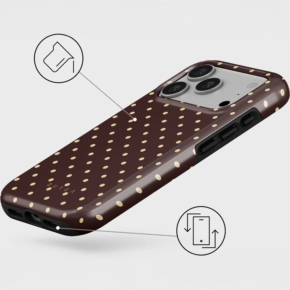 Handyhülle für iPhone 17 Pro, Burga Sorry Busy Tough Magnetic, Braun mit Punkten