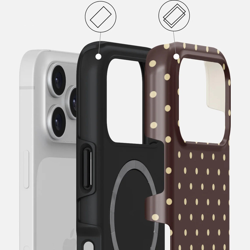 Handyhülle für iPhone 17 Pro, Burga Sorry Busy Tough Magnetic, Braun mit Punkten
