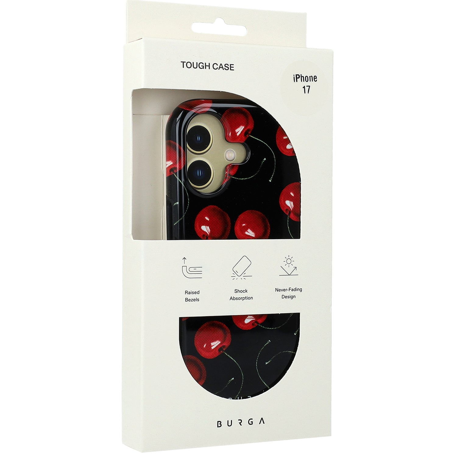 Handyhülle für iPhone 17, Burga Cherrybomb Tough Magnetic, Schwarz mit Kirschen