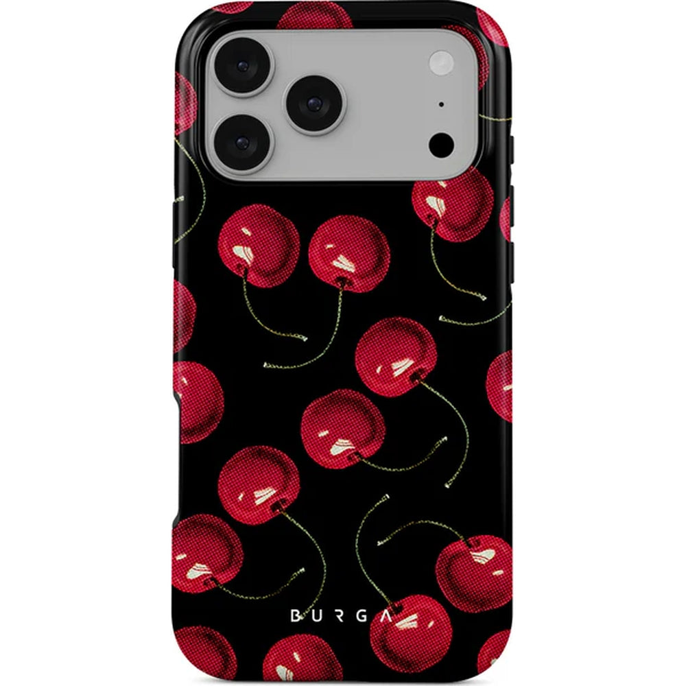 Handyhülle für iPhone 17 Pro Max, Burga Cherrybomb Tough Magnetic, Schwarz mit Kirschen