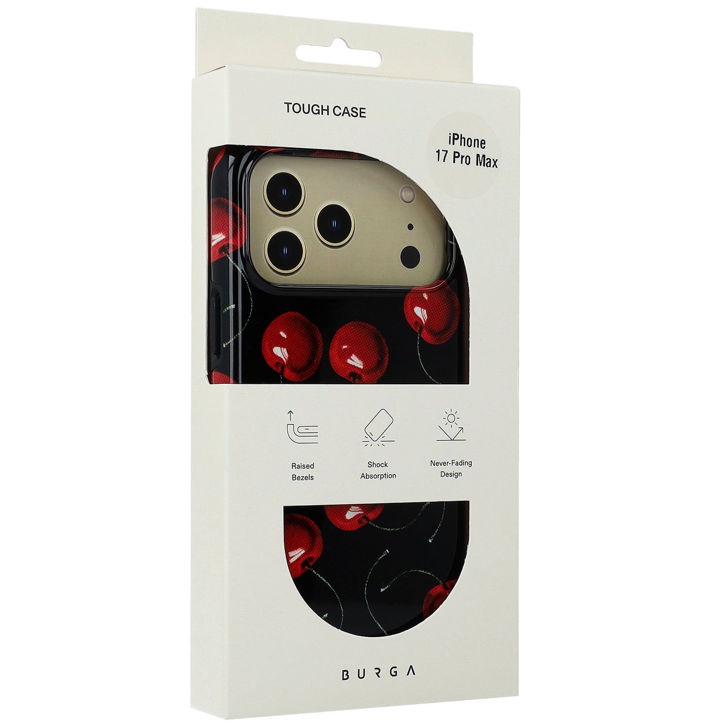 Handyhülle für iPhone 17 Pro Max, Burga Cherrybomb Tough Magnetic, Schwarz mit Kirschen