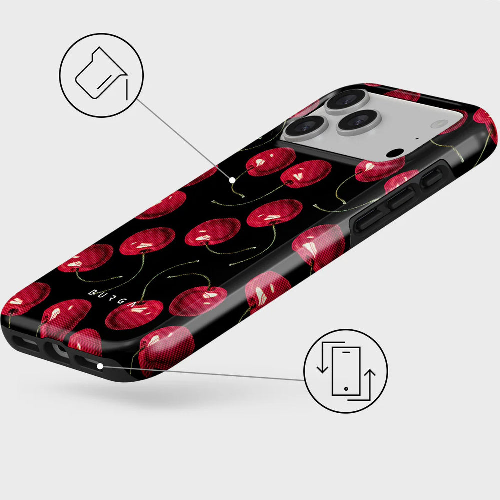 Handyhülle für iPhone 17 Pro Max, Burga Cherrybomb Tough Magnetic, Schwarz mit Kirschen
