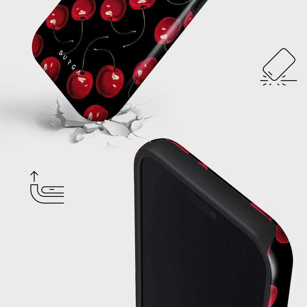 Handyhülle für iPhone 17 Pro Max, Burga Cherrybomb Tough Magnetic, Schwarz mit Kirschen
