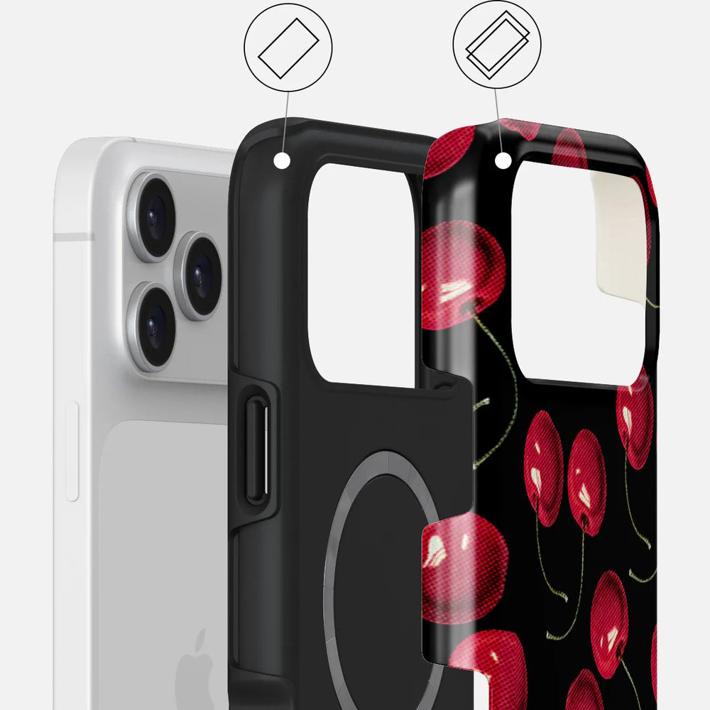 Handyhülle für iPhone 17 Pro Max, Burga Cherrybomb Tough Magnetic, Schwarz mit Kirschen