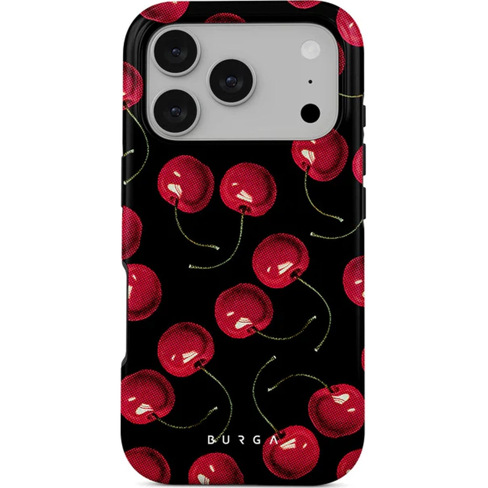 Handyhülle für iPhone 17 Pro, Burga Cherrybomb Tough Magnetic, Schwarz mit Kirschen