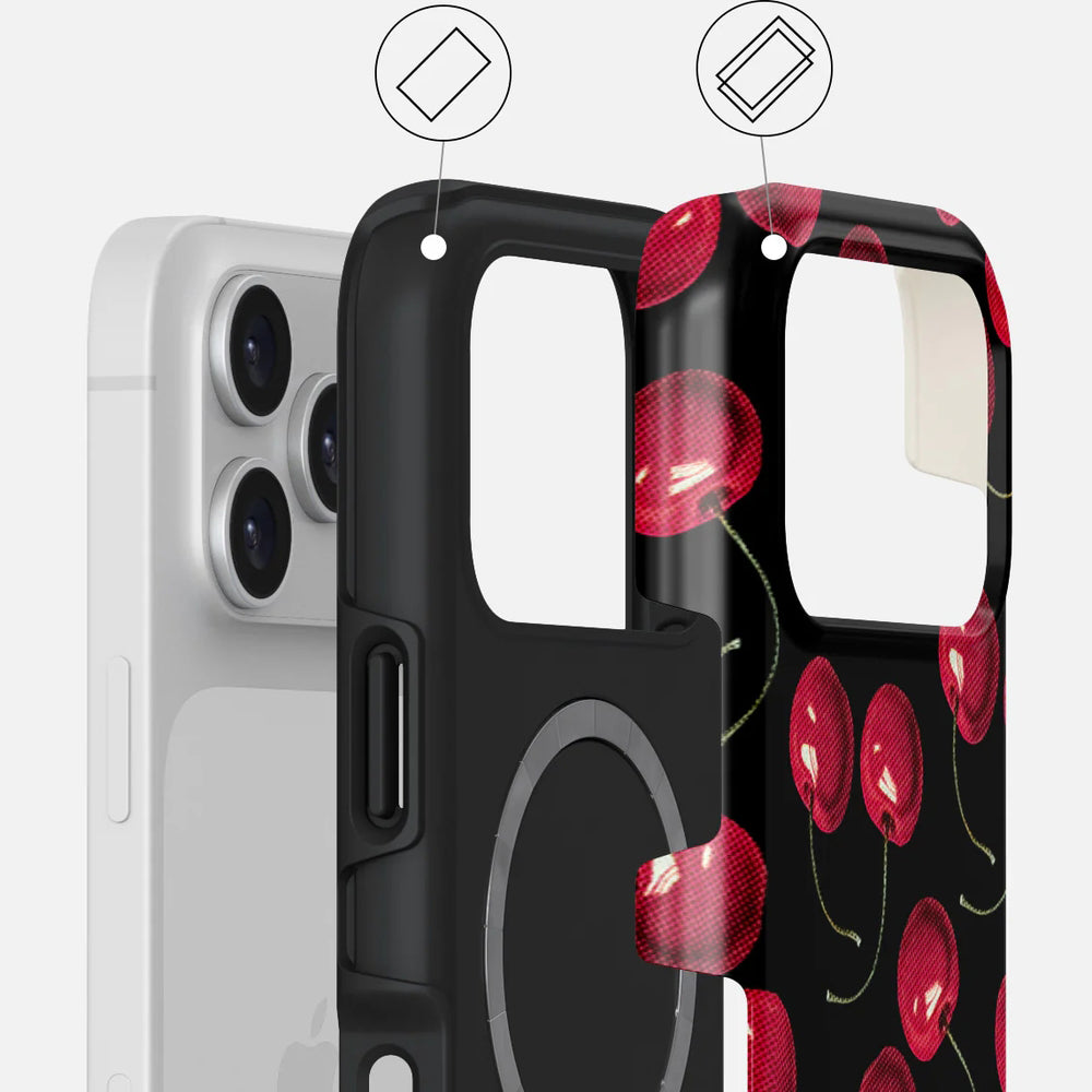 Handyhülle für iPhone 17 Pro, Burga Cherrybomb Tough Magnetic, Schwarz mit Kirschen