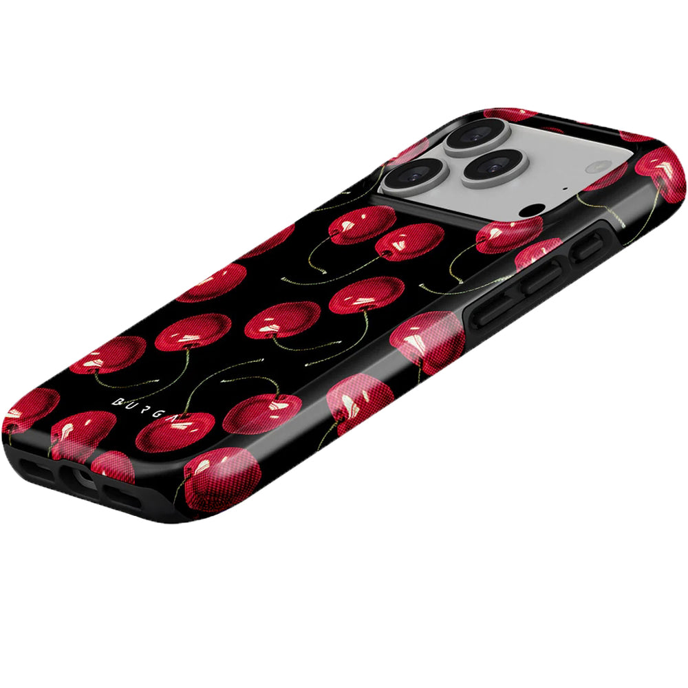Handyhülle für iPhone 17 Pro, Burga Cherrybomb Tough Magnetic, Schwarz mit Kirschen