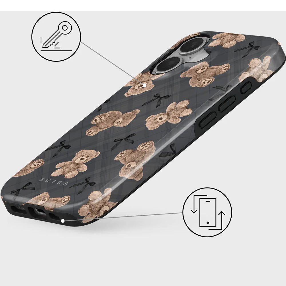 Handyhülle für iPhone 16, Burga BFF Tough Magnetic, Grau mit Teddybären