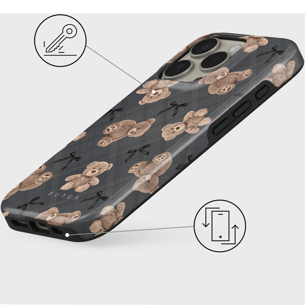 Handyhülle für iPhone 16 Pro, Burga BFF Tough Magnetic, Grau mit Teddybären